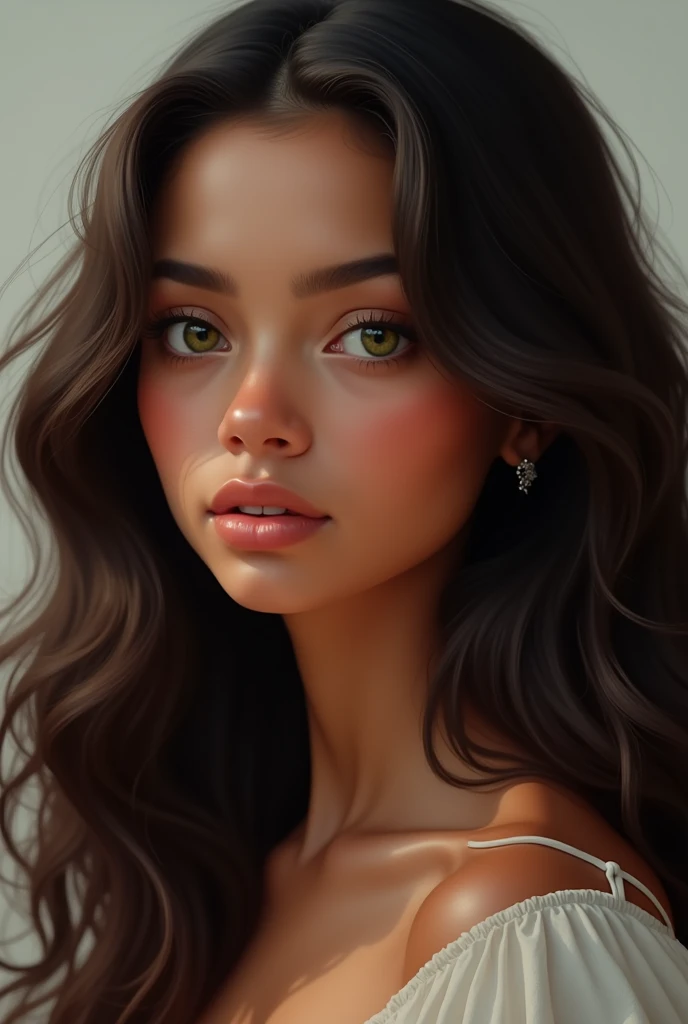 a black brown skin girl with really long brown curly hair, with long wispy eyelashes, green almond eyes, full cupid lips, arched eyebrows, button nose REALISTIC 