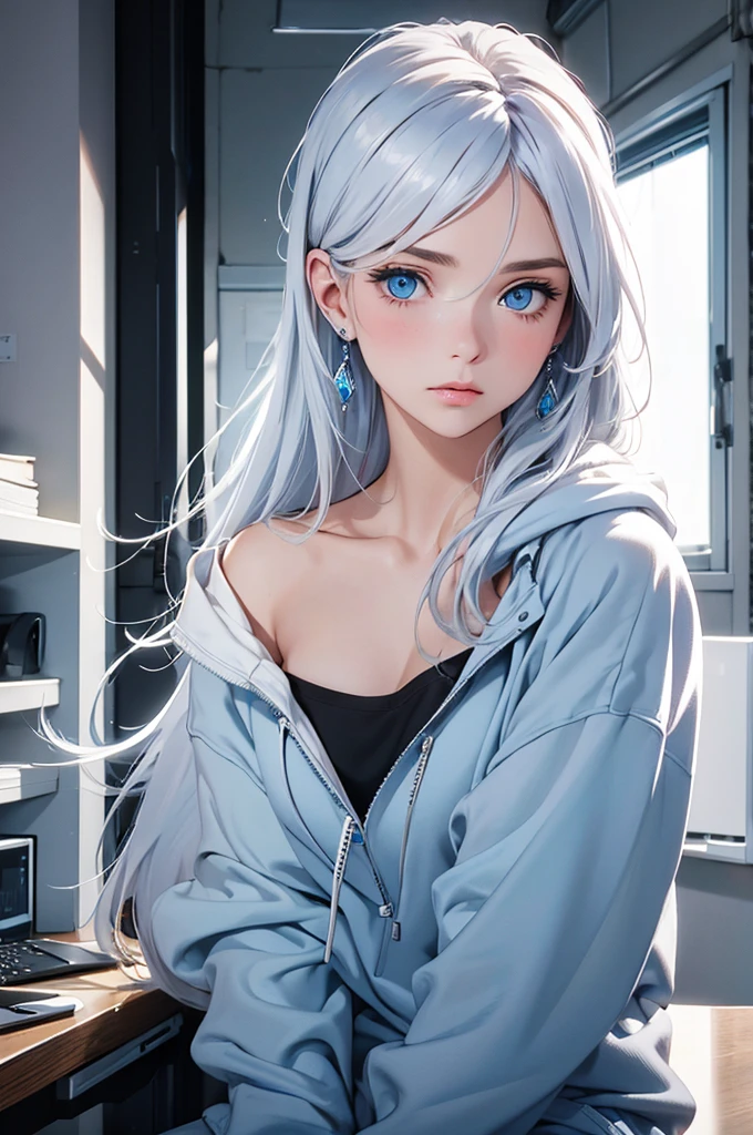Best quality, masterpiece, ultra high res, (photorealistic:1.4), raw photo, 1girl, in an office, bright ice blue eyes, long white hair, white hoodie, black sweatpants, one blue crystal dangling earring.