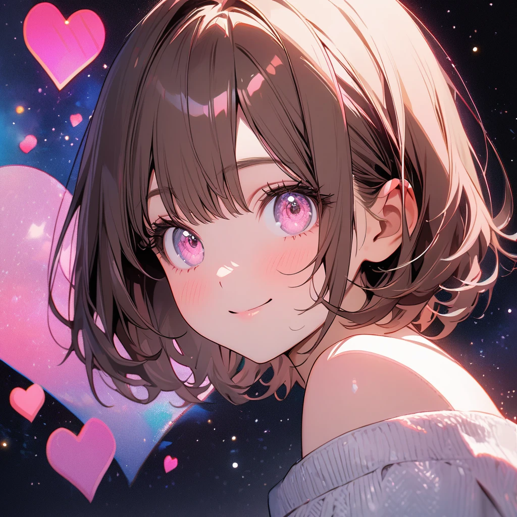 1 girl,solo,close-up shot of Head to neck,Space above the top of the head,ultra-detailed face,detailed eyes,pink eyes,Captivating Eye Reflections,Meticulous Eyelash Details,short hair,straight hair,Glossy brown hair,off shoulder,from side,smile,(pink fluttering-heart background),highly detailed illustration,masterpiece,8K,top quality
