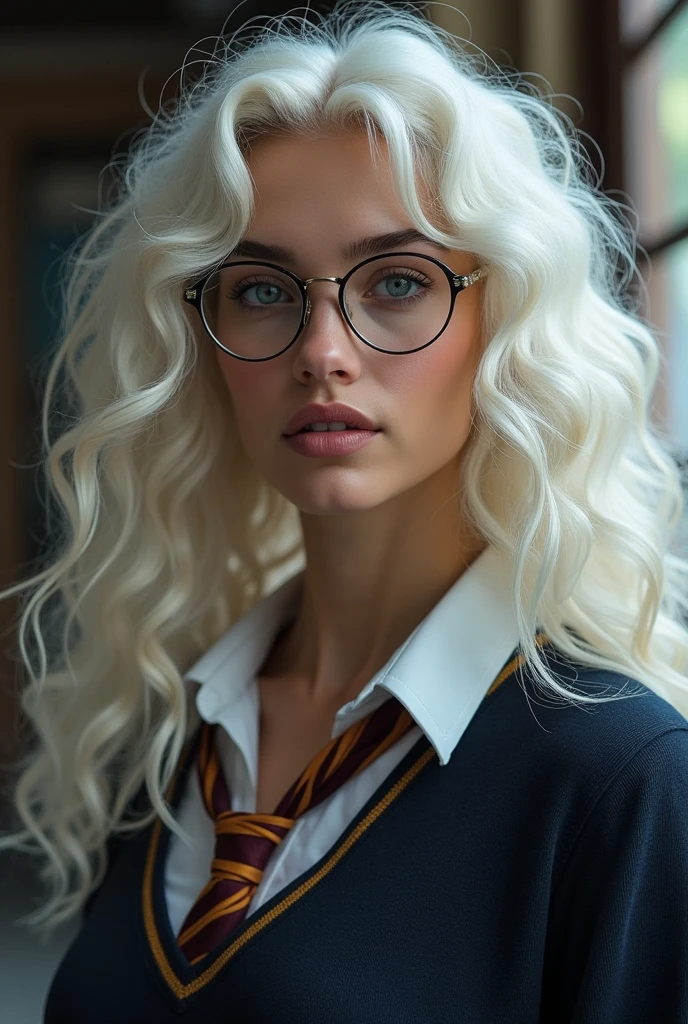 create a realistic image of a white Brazilian woman with long curly platinum hair down to her back, thick eyebrows filled in and platinum too, with a beautiful and attractive, seductive, well-defined face that wears glasses with transparent frames, has seductive and striking grayish-blue eyes, fleshy lips, who is wearing the clothes/uniforme da sonserina em um lugar da escola de Howgarts de Harry Potter ao lado do Mattheo Riddle 