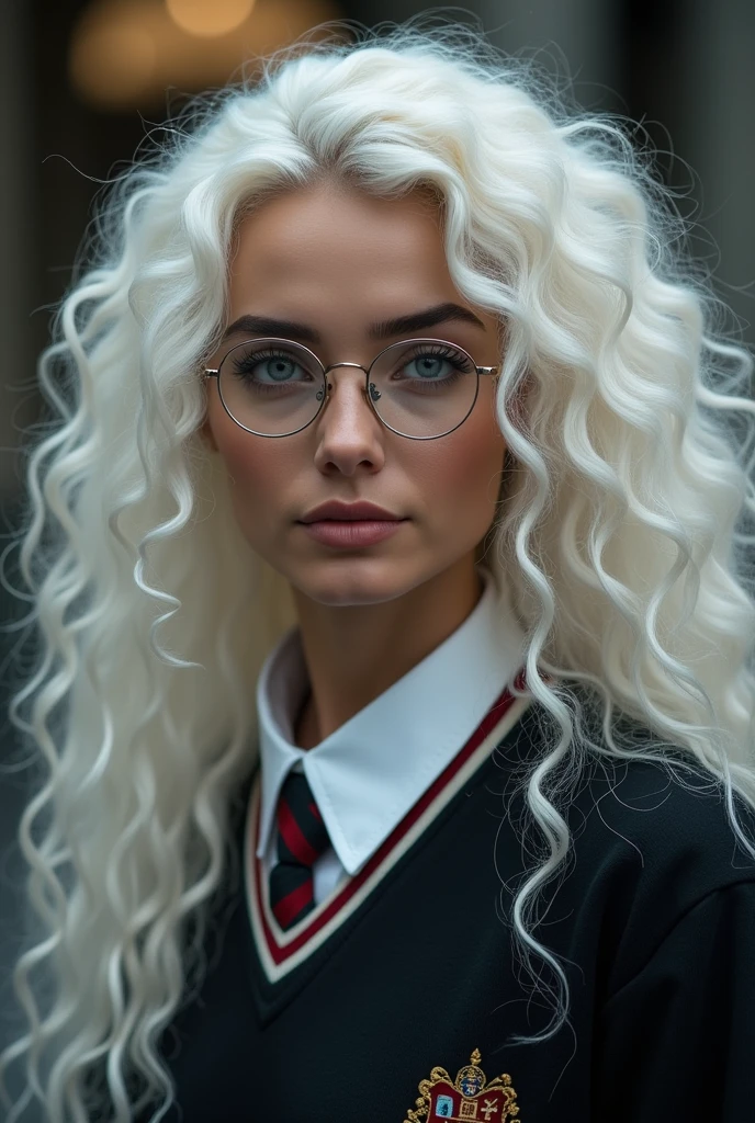 create a realistic image of a white Brazilian woman with long curly platinum hair down to her back, thick eyebrows filled in and platinum too, with a beautiful and attractive, seductive, well-defined face that wears glasses with transparent frames, has seductive and striking grayish-blue eyes, fleshy lips, who is wearing the clothes/uniforme da sonserina em um lugar da escola de Howgarts de Harry Potter ao lado do Mattheo Riddle