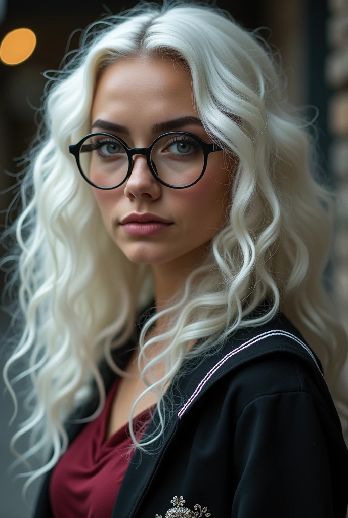 create a realistic image of a white Brazilian woman with long curly platinum hair down to her back, thick eyebrows filled in and platinum too, with a beautiful and attractive, seductive, well-defined face that wears glasses with transparent frames, has seductive and striking grayish-blue eyes, fleshy lips, who is wearing the clothes/uniforme da sonserina em um lugar da escola de Howgarts de Harry Potter ao lado do Mattheo Riddle