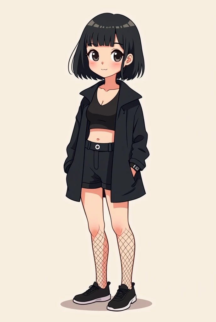 make a cute and minimalist cartoon illustration, of one with short black hair, short bangs, ela usa cropped preto, black apple watch on the arm, wears black coat, wears black shorts and fishnet stockings, make it cute