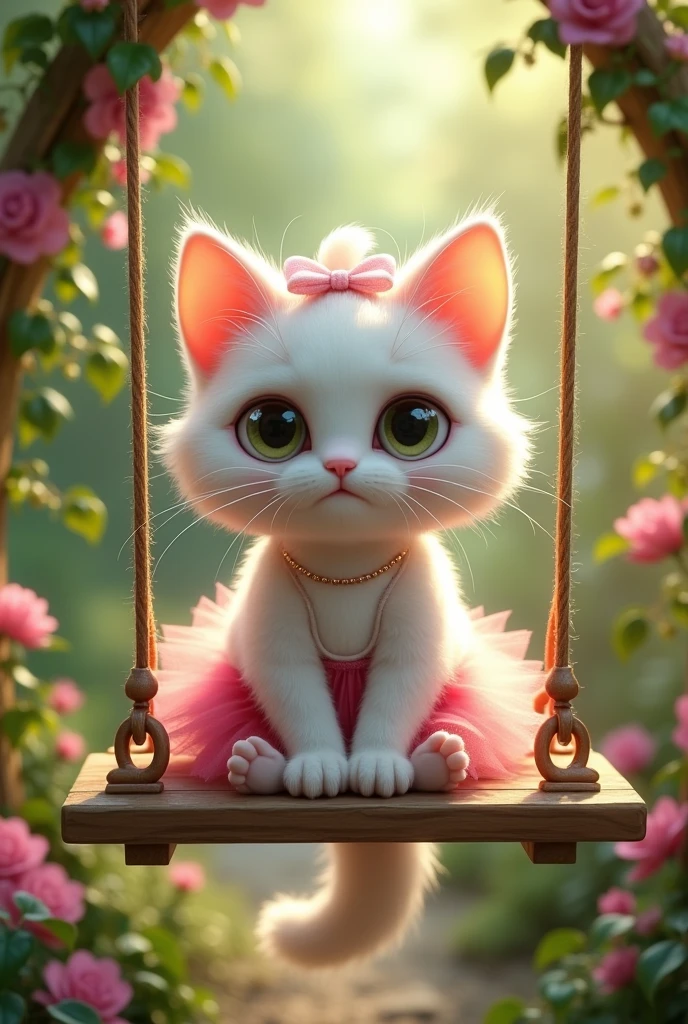 videorealistic, anthropomorphic white female cat with soft and fluffy fur and ribbon on her head, Sitting on the cute swing with vines in the beautiful garden, text 'uWu' white tanktop and magenta tutu skirt, cinematic color grading, dramatic lighting.