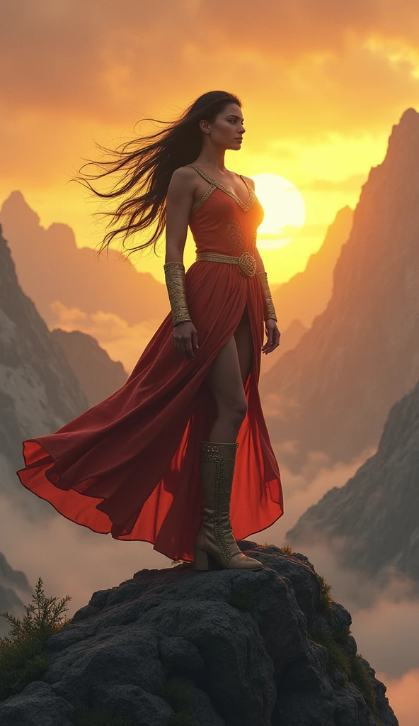 Create a hyper-realistic, 4K digital artwork of a powerful woman embodying the Capricorn zodiac sign. She stands tall on a mountain peak at sunrise, her posture exuding strength and determination. Her dark, sleek hair is pulled back, revealing a focused expression with intense, sharp eyes. The background shows a rugged mountain landscape bathed in the golden light of dawn, symbolizing the hard-earned success of Capricorns. The overall tone is grounded and earthy, with hints of gold highlighting her ambition and perseverance."