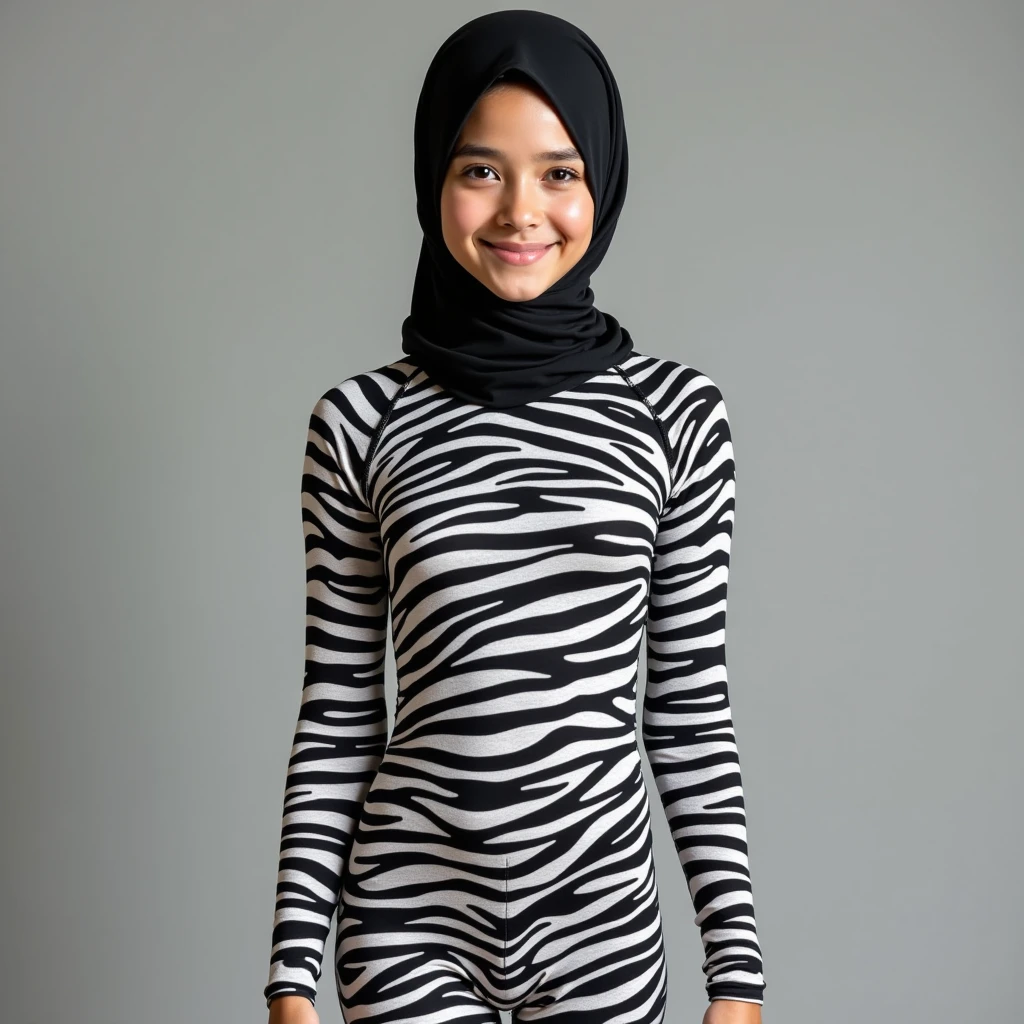 The beautiful Asian muslimah adult girl with beautiful cheeks wears zebra print full lycra dancewear turtleneck unitard catsuit  and zebra print lycra elastane dancewear hijab.