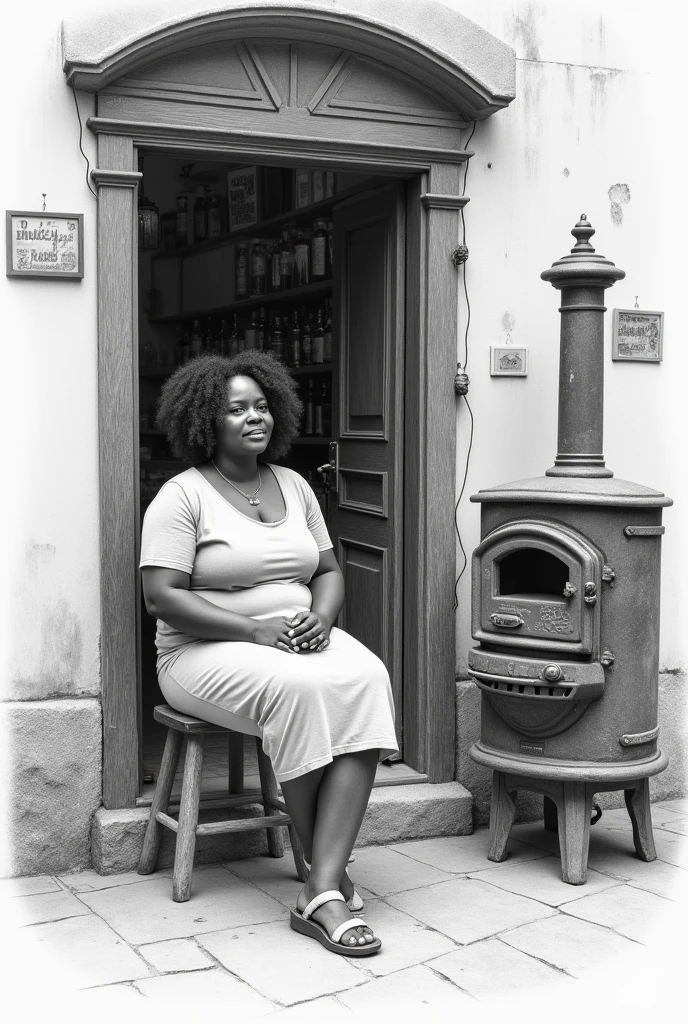Recreates a fat black woman without a waist, still young, barely 40 years old, sitting next to the door of an Italian shop on a stool and a rustic stove. And that the atmosphere is recreated in old Guayaquil.
The drawing is in pencil