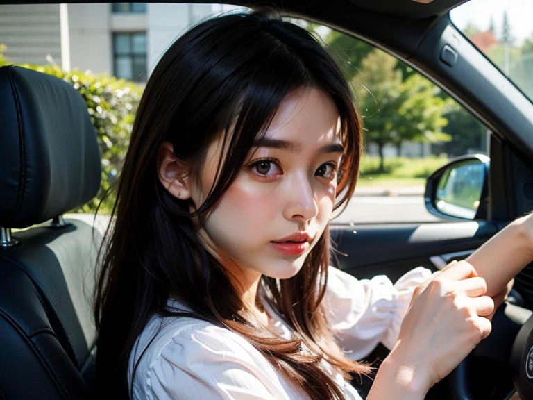 (masterpiece, Highest quality), (colorful:1.4）,1girl,Driving a car, Holding the handle,drive,Written boundary depth,While driving,blouse,cute,