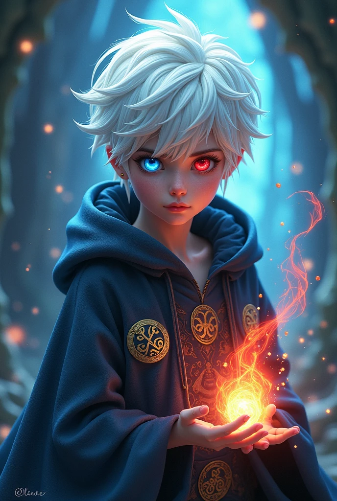 A young white-haired wizard, one blue eye, and the other red