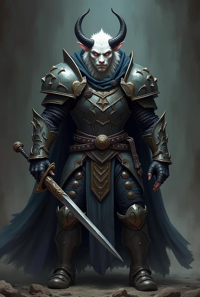 Create a dragonborn, He has no wings, he has white skin, he is less strong, ele é um draconato de dungeons and dragons, he wears heavy armor and has no wings, your armor covers your entire body, he has small black horns, its horns are curved backwards, his eyes are orange, he has a neutral look, he has a double bladed sword, same as darth mau's saber