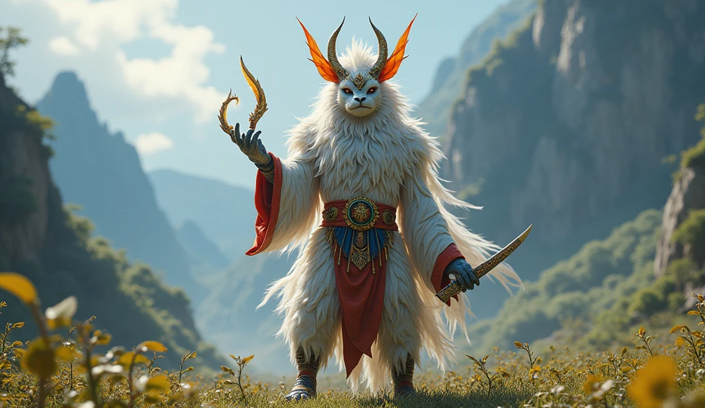 Philippines as an asiatic fantasy League of Legend creature in white, blue, red and yellow colors. Intricated clothing. Cinematic Fantasy sci-fi landscape background