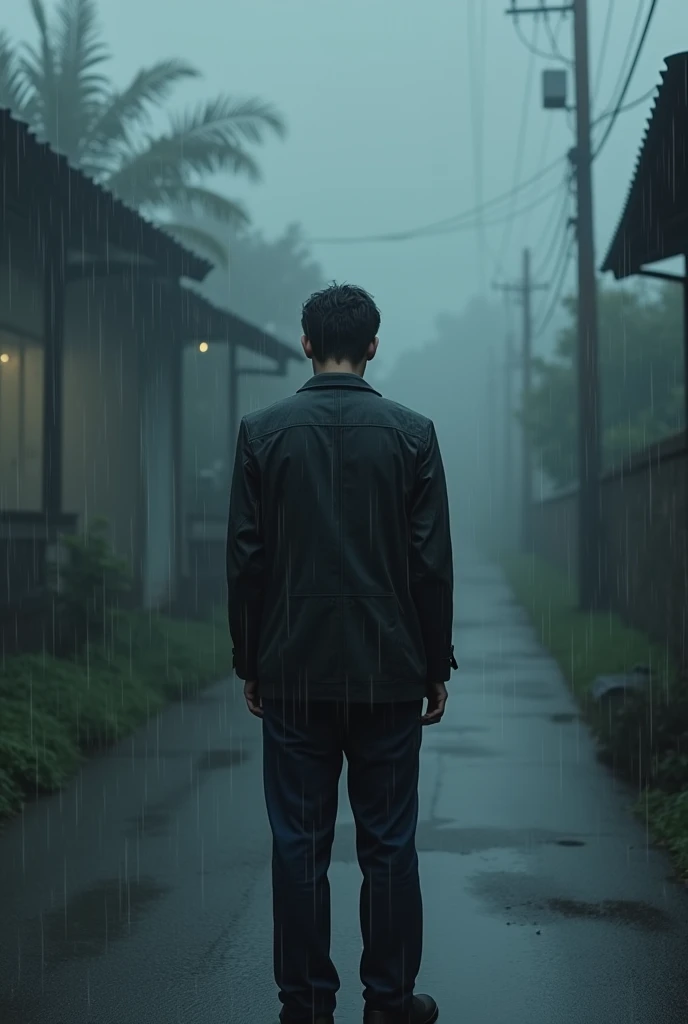 A gloomy man with the surrounding conditions experiencing rain seen from behind