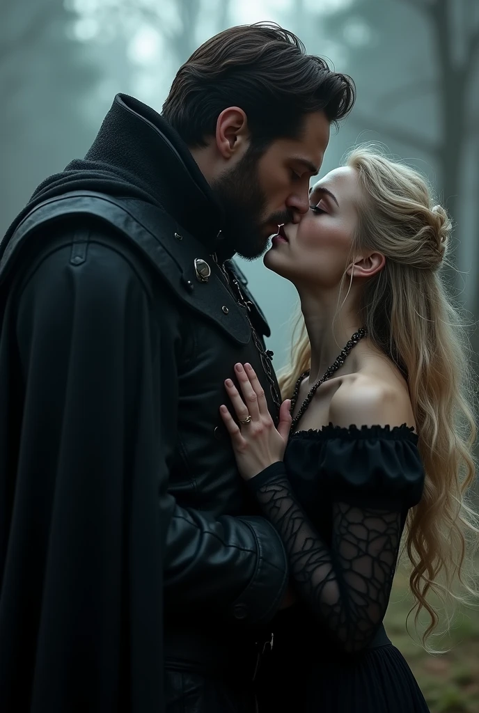 Homem stark estilo Crepúsculo, 3, stark, tall muscular, wearing a black cape, a Jhon snow style outfit, kissing an 18 year old girl, blonde, piercing look, dressed in a black dress Vintage style