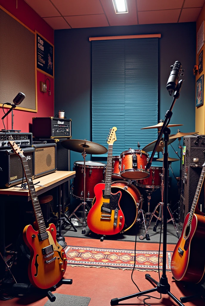 A room full of guitar amps, Mike stand, drum, Guitar and Bass