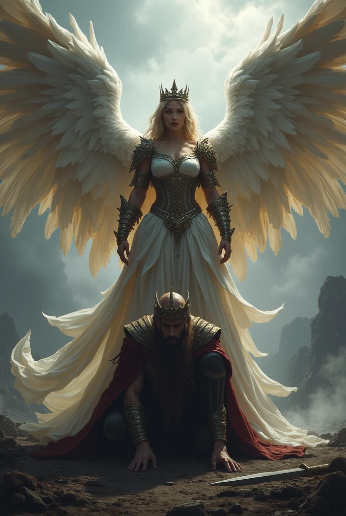Queen avec des ailes d'ange visage de guerriere le pied droid poser sur torse de sont adversaire soumi a genou