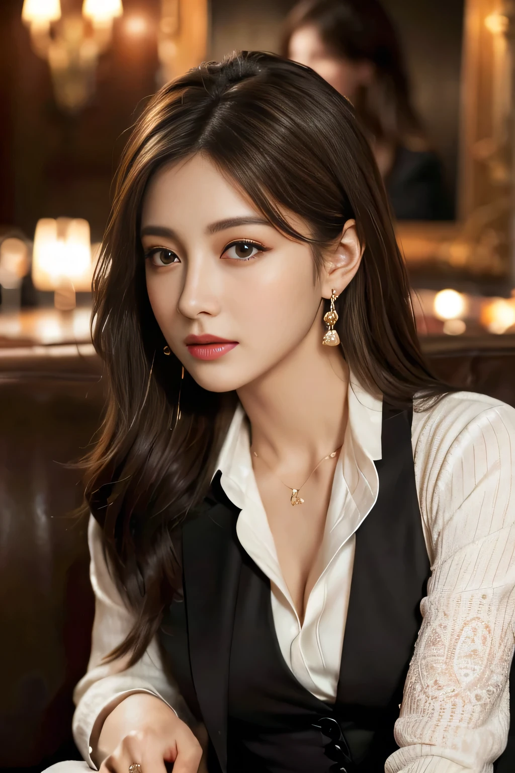 masterpiece, Highest quality, Realistic, Very detailed, Finer details, High resolution, 8k wallpaper, One beautiful woman,Wear a nice suit, In a great restaurant, At night, Light brown messy hair, Perfect dynamic composition, Beautiful and beautiful eyes、Big earrings、Sit on a chair