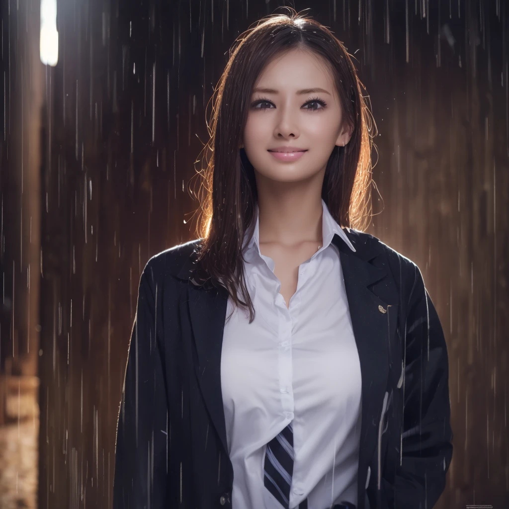 there is a woman with gigantic breast in a school uniform standing in the rain, wet shirt, can see bra behind shirt, pretty girl standing in the rain, after rain and no girls, raining, girl wearing uniform, in the rain, anime thai girl, raining award winning photo, school girl, just after rain, raining!, at evening during rain, wet from rain, rainy wet, raining portrait, beautiful and smiling, masterpiece, best quality:1.2),,(8k,highres,RAW photo,realistic,photo-realistic:1.3),(detailed skin texture,detailed cloth texture,beautiful detailed face:1.25),professional lighting,photon mapping,beautiful soft light,radiosity,physically-based rendering,raytracing, model shoot style, model shoot style, (extremely detailed CG unity 8k wallpaper), full shot body photo of the most beautiful artwork in the world,