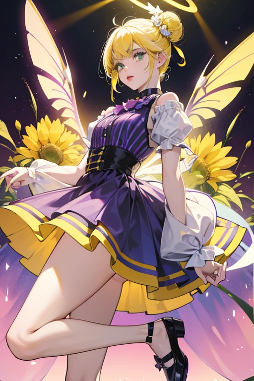 Beetrice has pale yellow skin with hot pink lips, green eyes, and yellow eyebrows. Her yellow hair is pulled into two curly buns and has short bangs. She has a pair of black antennae on top of her head and light blue bee wings on her back.
Beetrice wears a dress with a plain black top and the skirt is a bubble skirt with yellow stripes on it.
Beetrice's footwear consists of purple Mary Janes. She has a purple flower in her hair. SPARKLE; GLITTER