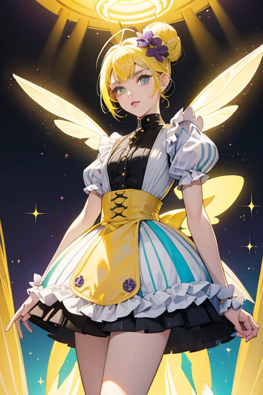 Beetrice has pale yellow skin with hot pink lips, green eyes, and yellow eyebrows. Her yellow hair is pulled into two curly buns and has short bangs. She has a pair of black antennae on top of her head and light blue bee wings on her back.
 Beetrice wears a dress with a plain black top and the skirt is a bubble skirt with yellow stripes on it.
 Beetrice's footwear consists of purple Mary Janes. She has a purple flower in her hair. SPARKLE; GLITTER
