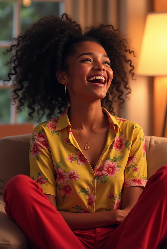 A woman with black curly hair. Her hair is tied in a ponytail. watching television. She wears red pants and a flowery blouse.. She is laughing
