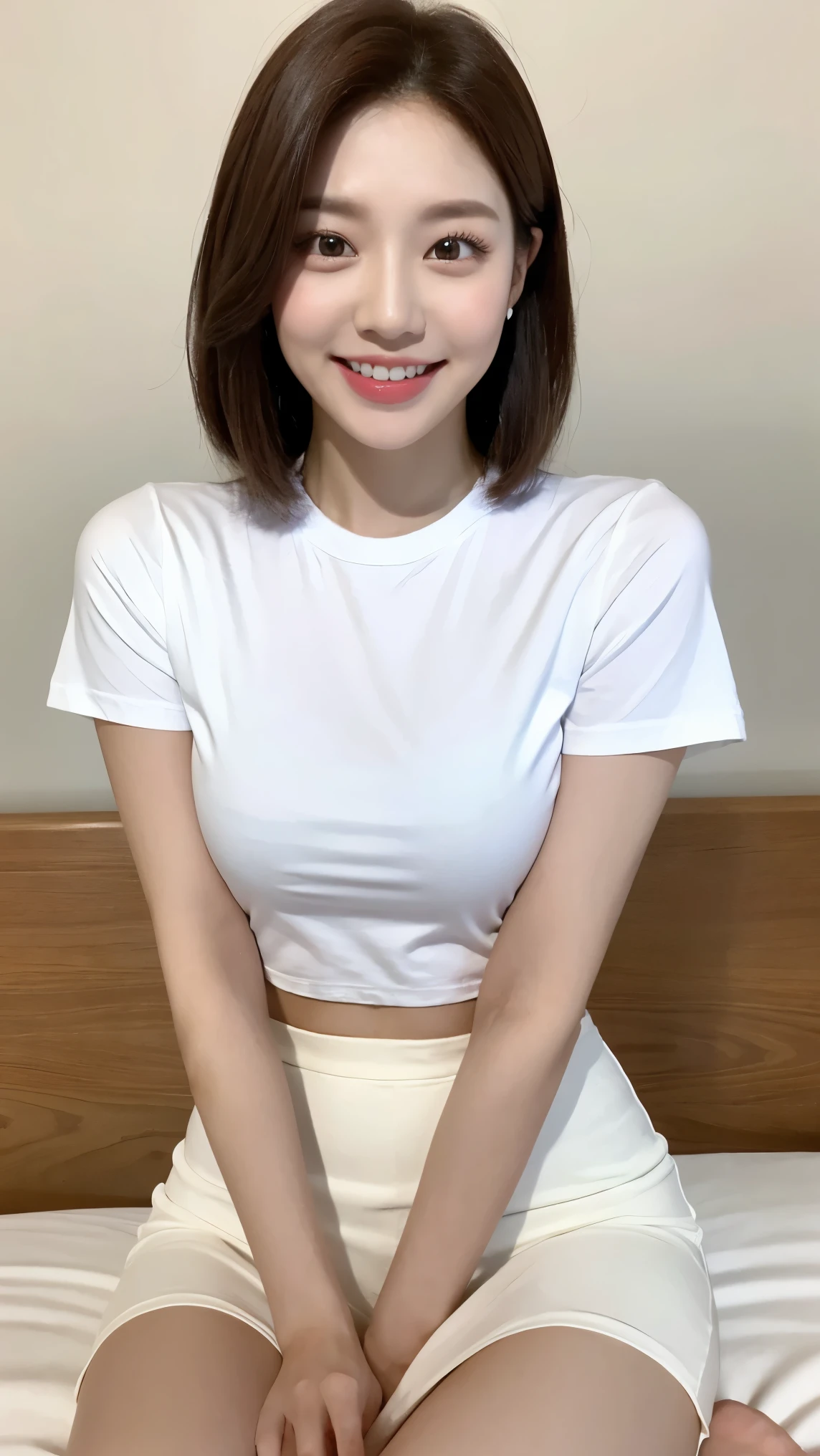 White tight shirt、White Mini Skirt、bed、smile、Short sleeve、High resolution、Korean idol face、double eyelid、White teeth、short hair