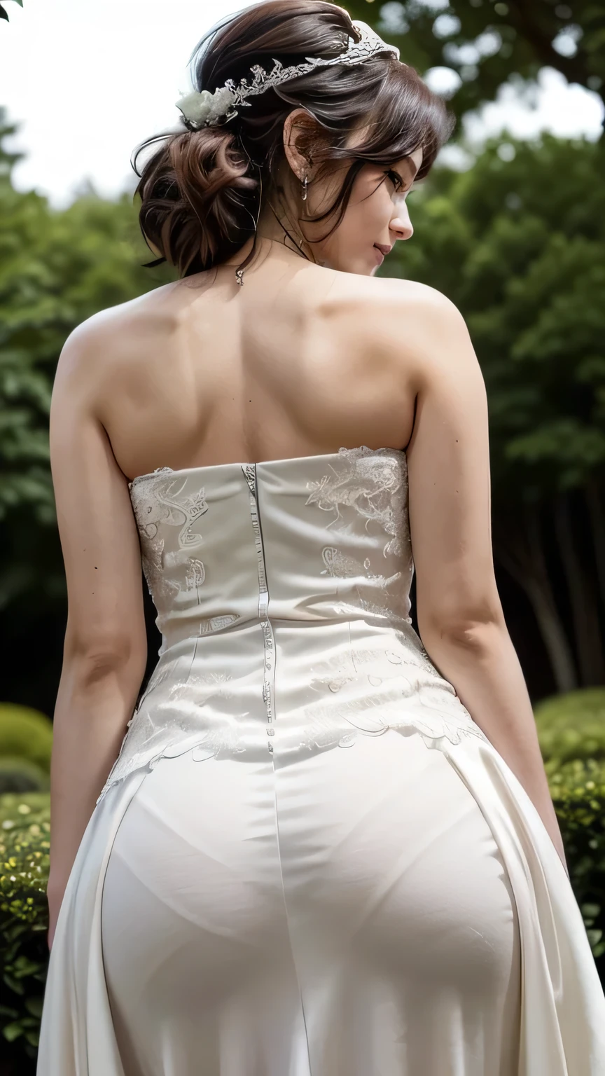 (Japanese bride leaning forward in the garden with her butt sticking out:1.4、(smile、Squint your eyes and laugh:1.5))、(Realistic、Like a photograph、Live Action、8k, Realistic, RAW Photos, Best image quality: 1.4), Single-lens reflex camera、RAW Photos, Highest quality, Realistic, Very detailed CG Unity 8k wallpaper, Written boundary depth, Cinematic Light, Lens flare, Ray Tracing, Realistic background、(p-line、tight wedding dresses:1.4)、((Ultra-dense skin))、 Cute Japanese Woman、((whole body:1.5)，short hair:1.2、Short Ponytail、tie your hair with a hair clip、I like that style、stylish、Very detailed、Pay attention to the details、Perfect outfit、(Sunburned skin)、View from behind