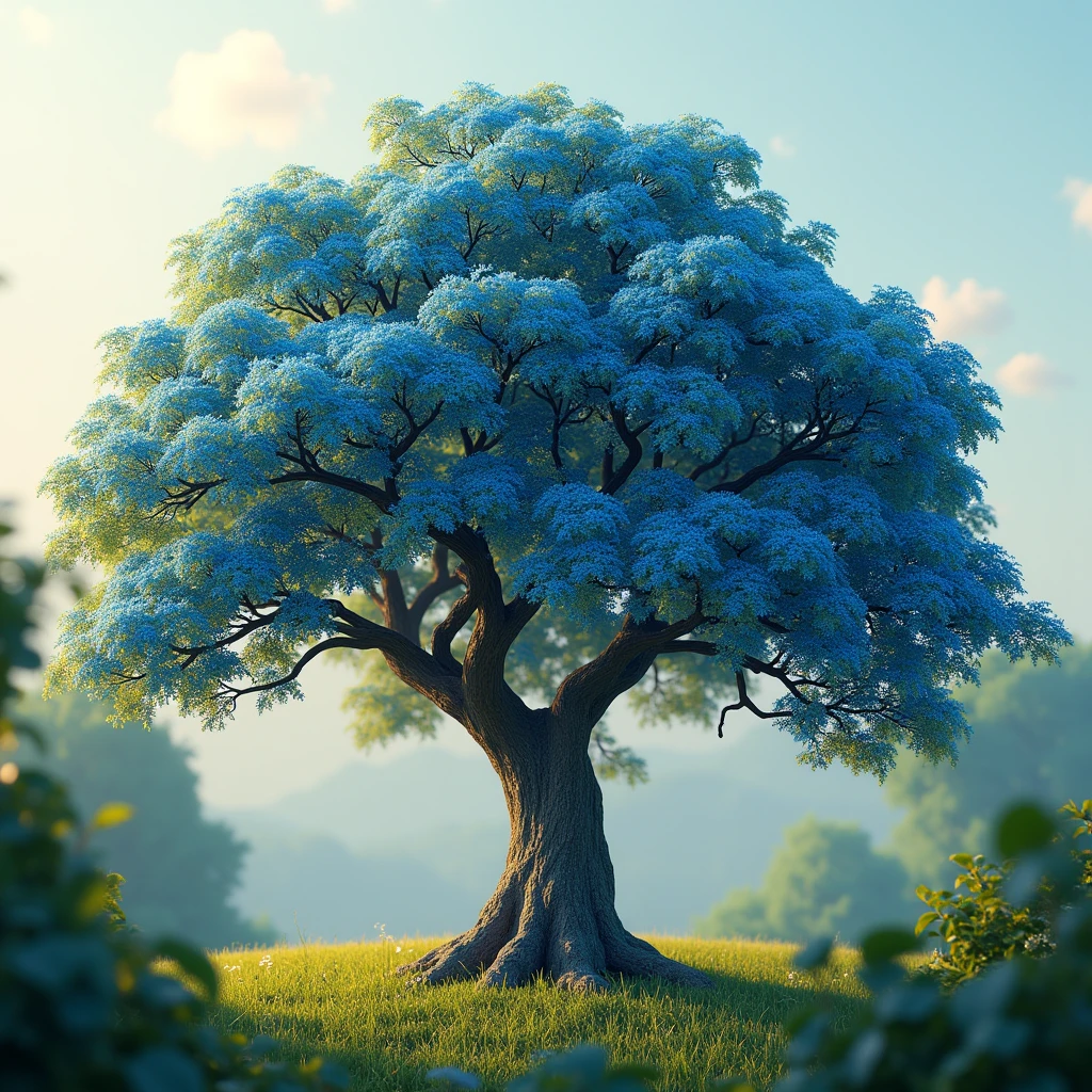 A lush blue ipe tree blooming, exquisite flowers, cinematic atmosphere, 8k resolution, hyper-realistic, stunning natural lighting, vibrant colors, detailed textures, serene landscape, masterful composition, photorealistic quality, bokeh background, sharp focus, intricate details, beauty inspiring