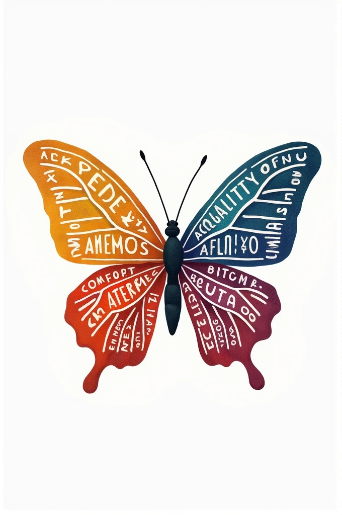 Create an illustration with a butterfly inserted formed by the words "reception, quality of life, Amemos, humanisation, comfort, dignity, Family, Respect, health, science, interdisciplinarity, autonomy" the words must be in Portuguese