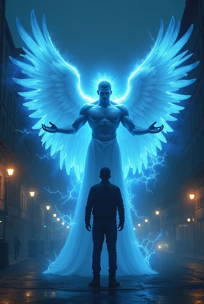 Create a strong angel protecting a man from creatures that want to attack him, but without success because the angel does not allow it. Use blue and dark colors. on a street.
