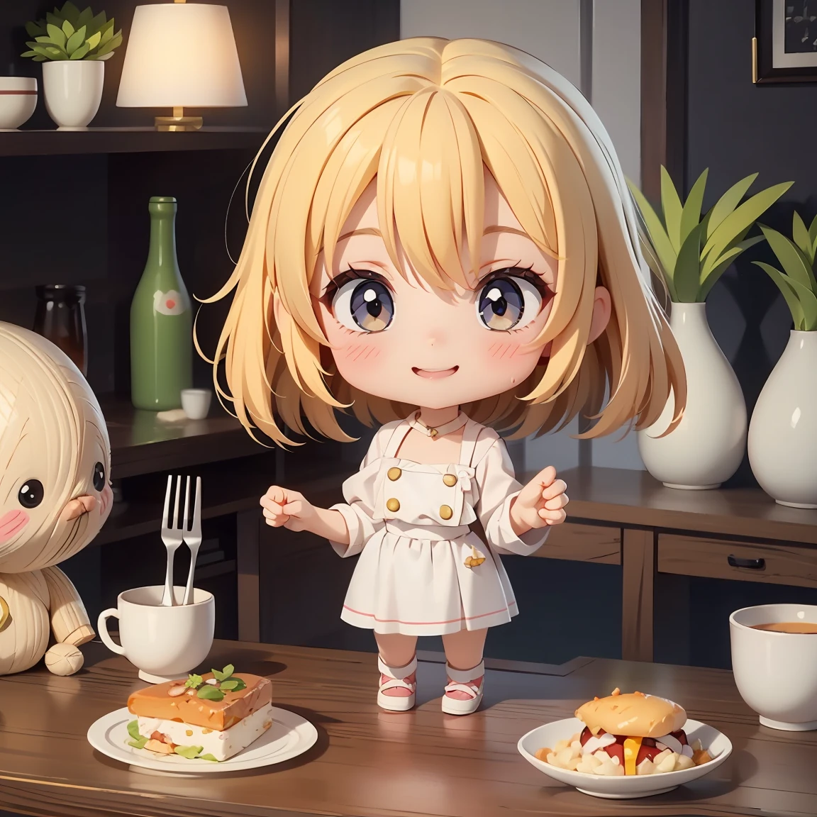 Super Chibi Character：1.8、Blonde Hair、Cute 7 year old girl、Super Chibi Character：1.8、Super Smile、smile、holding a fork and knife、holding a fork and knife