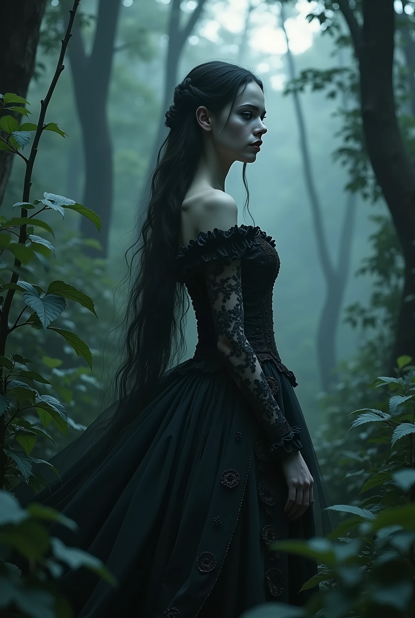 a beautiful vampyre girl with long dark hair, pale skin, fangs, wearing a dark victorian dress, standing in a moonlit forest, (best quality,4k,8k,highres,masterpiece:1.2),ultra-detailed,(realistic,photorealistic,photo-realistic:1.37),dark fantasy,gothic,dramatic lighting,moody atmosphere,detailed facial features,intricate dress patterns,lush foliage,moonlight shining through trees,deep shadows