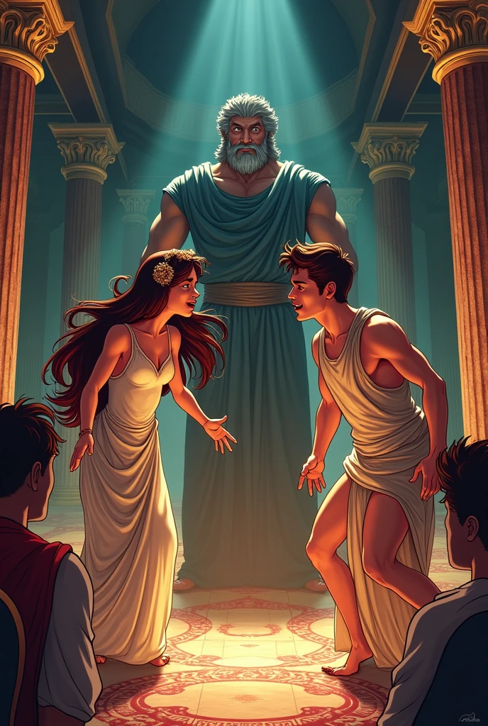 Phaedra accusing Hippolytus with Theseus, make it like a cartoon
