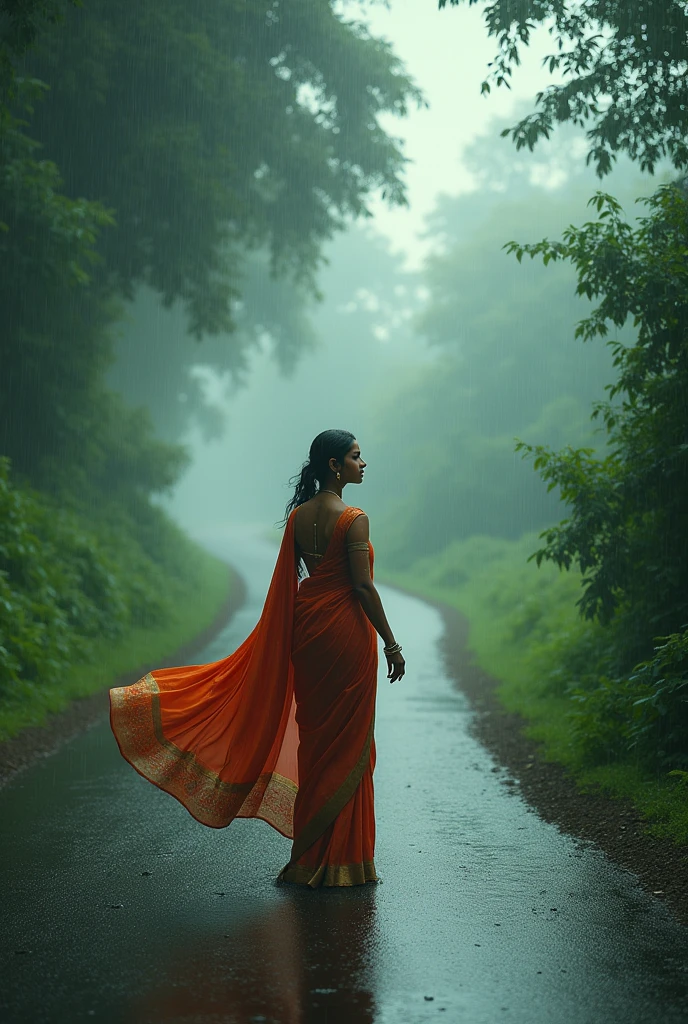 A indian woman in rain on rod
