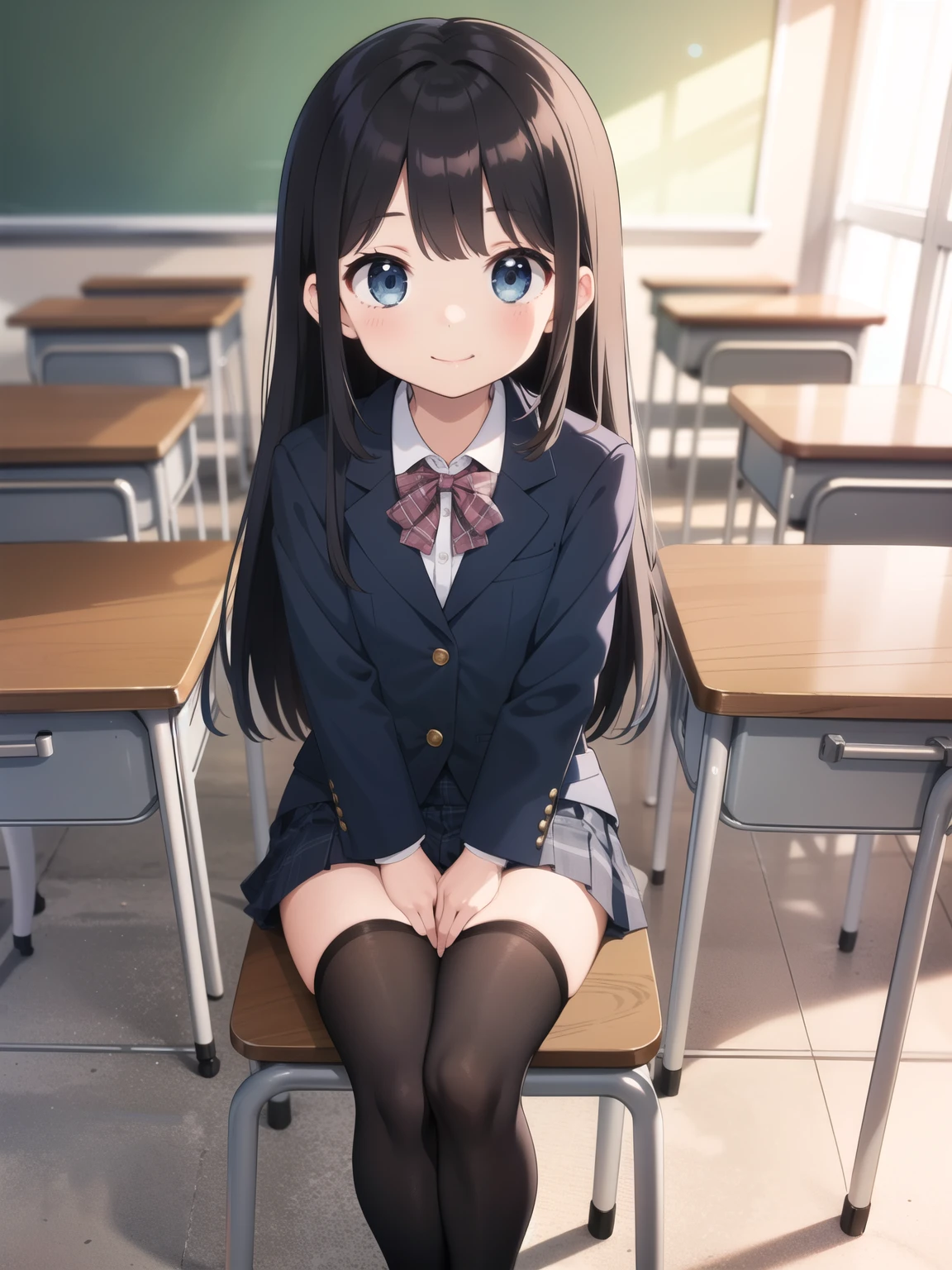 Masterpiece、Highest quality,Small and cute little、1 girl,、Black Hair、Long Hair、smile、school uniform、Navy blue blazer、Checkered pleated mini skirt、Black knee-high stockings、loafers、classroom、Sit on a chair、Detailed facial depiction、Beautiful Eyes