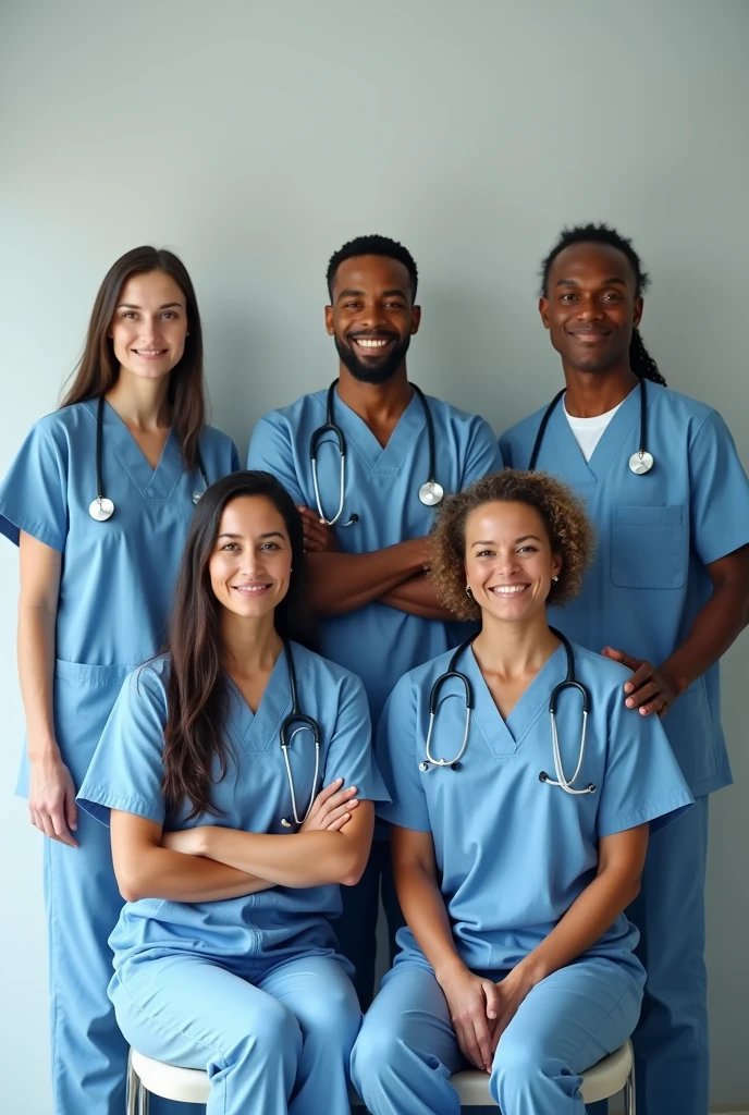 8 people in hospital uniform, 4 women and 4 men posing for a nice photo