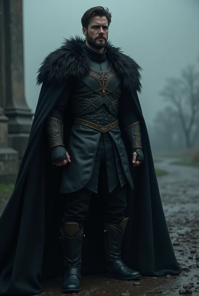 Homem stark estilo Crepúsculo, 3, stark, tall muscular, wearing a black cape, a Jhon snow style outfit