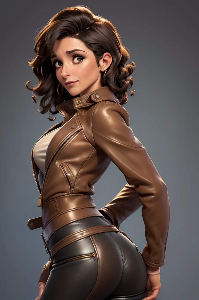 obra prima, melhor qualidade, ((only one woman,)) ((julia louis dreyfus, dark tan skin, short black curly hair, heavy makeup eye shadow, mouth open,)) (((wearing thigh length brown distressed leather jacket,))) (((jacket is zipped up, jacket covers waist and ass,))) ((jacket has stiff high collar,)) ((gold pvc gloves,)) body is very skinny, standing up, (((arched back, shoulders leaning way back, hips twisting, head tilted way back, chin up,))) ((camera back view, extreme closeup view of upper body,)) shallow depth of field, highres, HD, 8k, anatomically correct