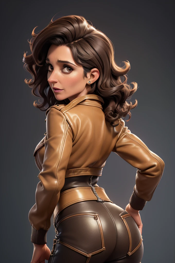obra prima, melhor qualidade, ((only one woman,)) ((julia louis dreyfus, dark tan skin, short black curly hair, heavy makeup eye shadow, mouth open,)) (((wearing thigh length brown distressed leather jacket,))) (((jacket is zipped up, jacket covers waist and ass,))) ((jacket has stiff high collar,)) ((gold pvc gloves,)) body is very skinny, standing up, (((arched back, shoulders leaning way back, hips twisting, head tilted way back, chin up,))) ((camera back view, extreme closeup view of upper body,)) shallow depth of field, highres, HD, 8k, anatomically correct