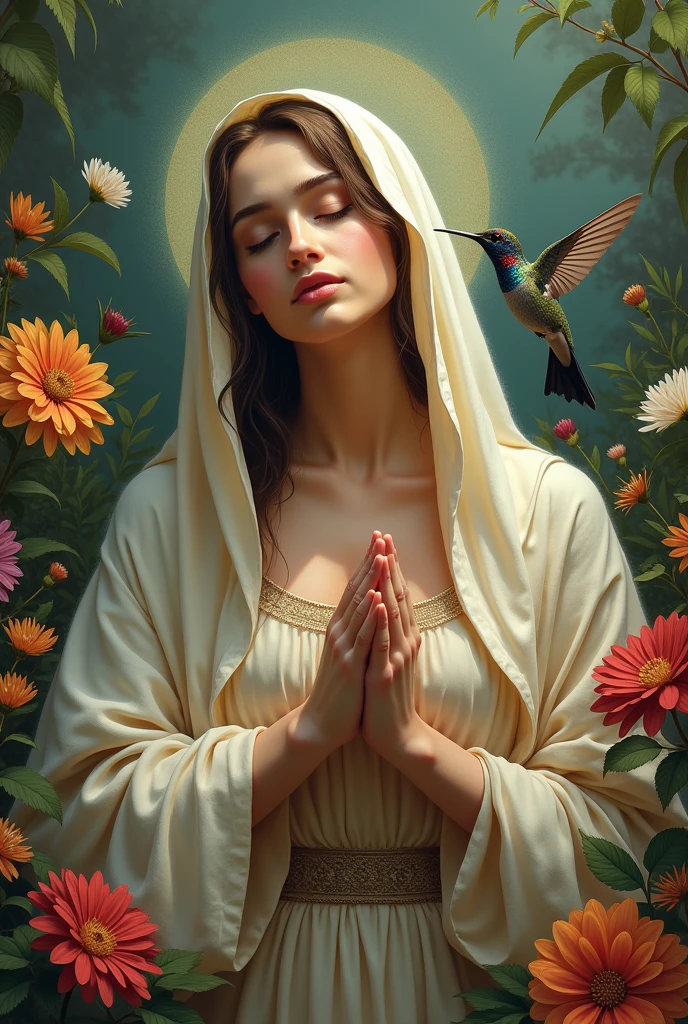 ((best quality)), ((masterpiece)), (detailed), virgin mary (a jewish woman) with a hummingbird in a flower
