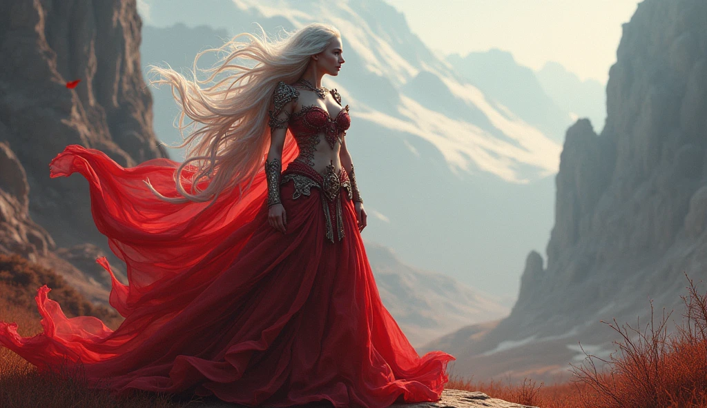 Poland as a curvy female fantasy League of Legend creature half red half white colors. Intricated clothing. Cinematic Fantasy sci-fi landscape background