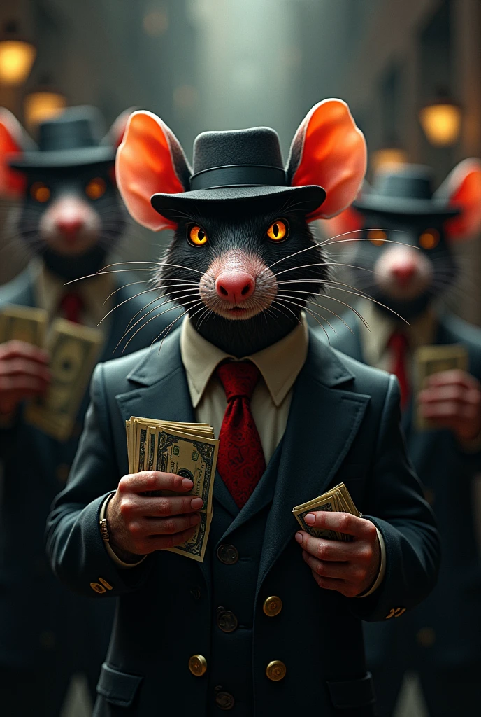 A rat with a mafia logo, more mafia with bills, Show me another photo that has the letters RS