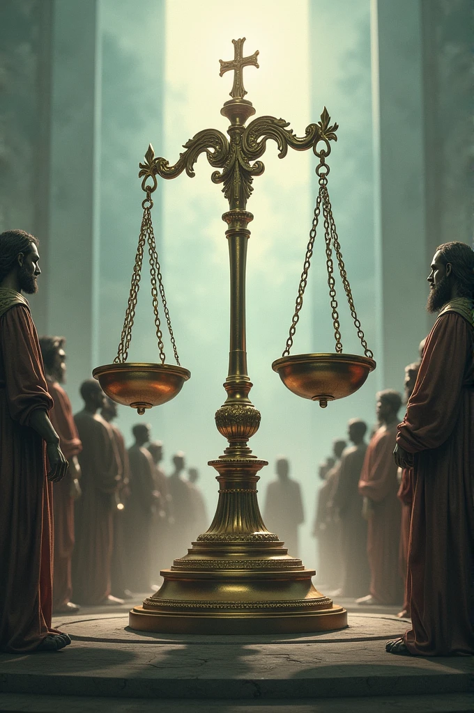 A scale of justice surrounded by people, symbolizing sacred rights.