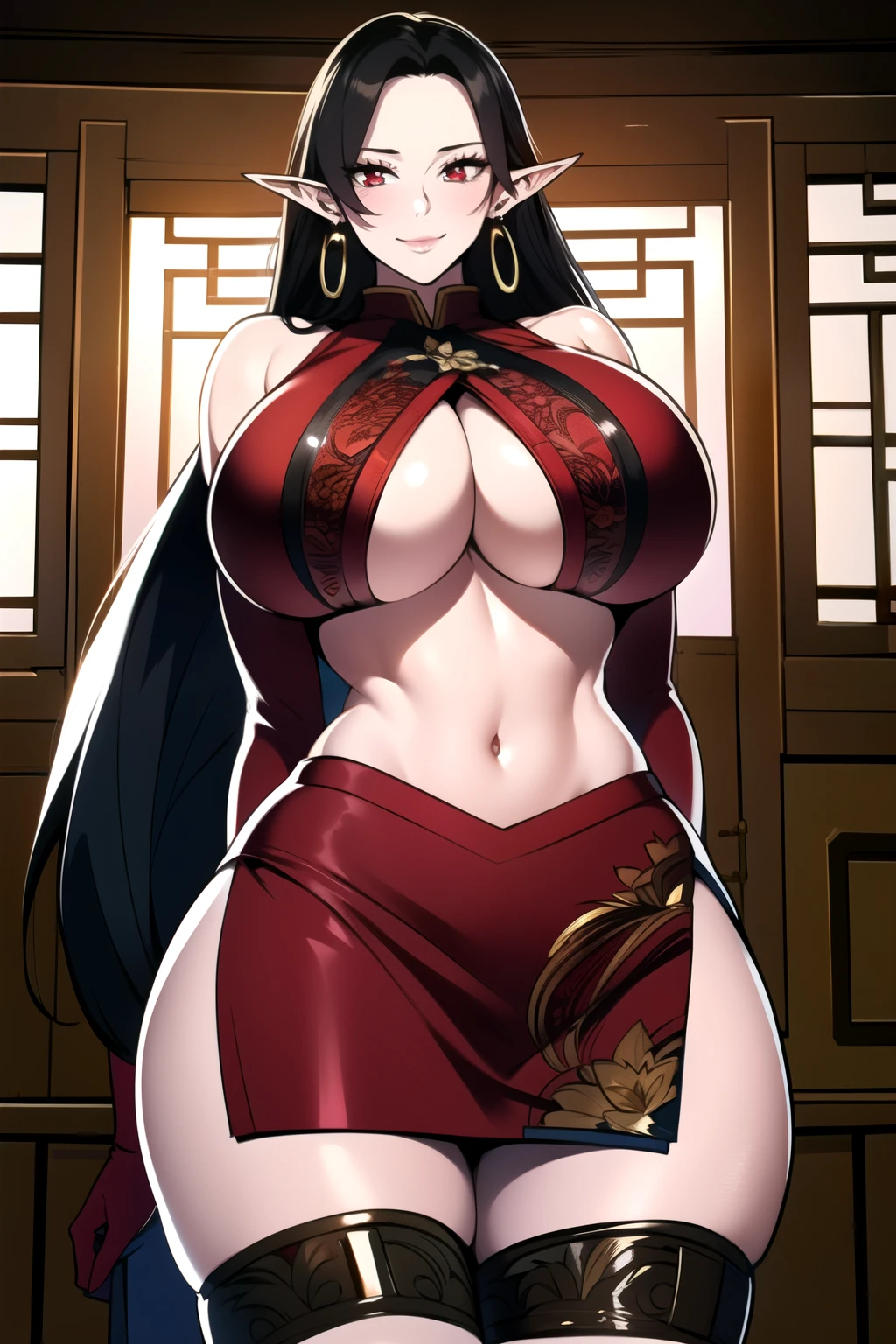 ultra realistic 8k cg, masterpiece, ((ultra detailed background, intricate detail, highly detailed, fine details best quality, hyperdetailed face)), gigantic breasts ,beautiful lighting, absurdres, BoaHancockV2, 1girl, solo, (black hair), long hair, jewelry, closed mouth, ), cleavage, (chinese dress : 1.1), (underboob : 1.4), elbow gloves, thigh boots, miniskirt, bare shoulders,, bare shoulders, curvy, midriff, curvy, thighs, shiny clothes), red eyes, complex detailed background, indoor, palace), ((cowboy shot)), curvy, (gigantic breasts: 1.1), seductive smile, cowboy shot, earrings, jewelry, elf ears
