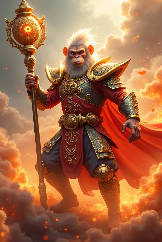 wu-kong the legendary monkey in a glamourous armour, holding a golden scriptured stick, stepping on a fire cloud, hyper-realistic, HD, 8K