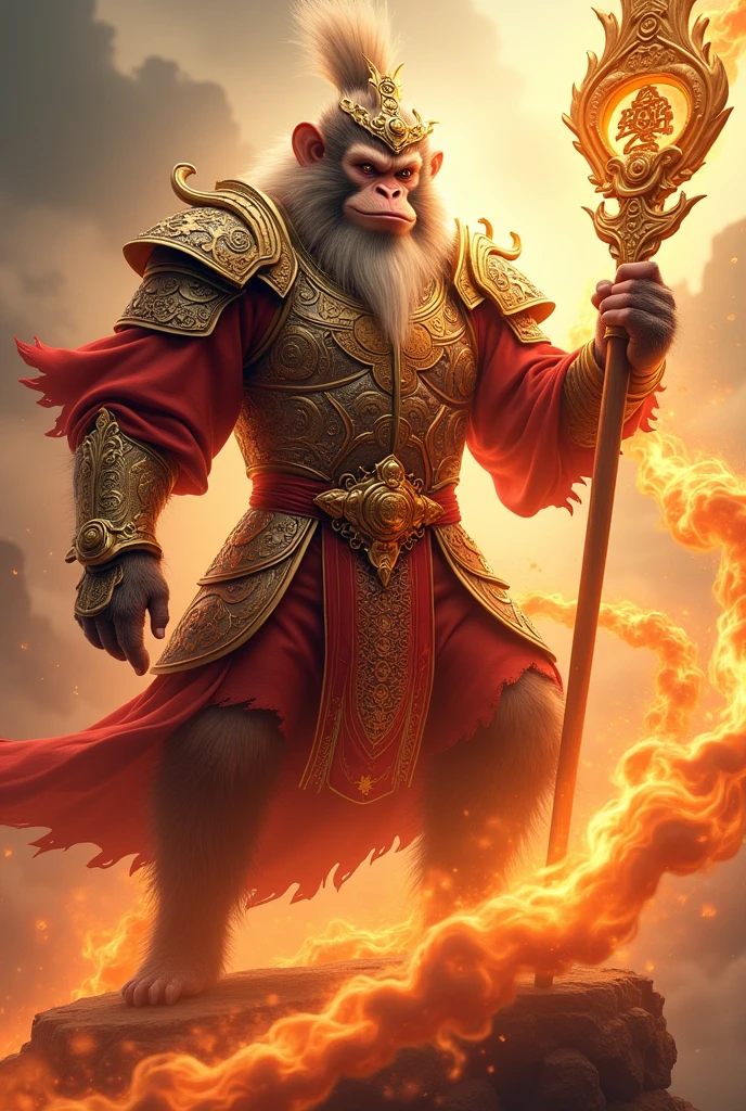 wu-kong the legendary monkey in a glamourous armour, holding a golden scriptured stick, stepping on a fire cloud, hyper-realistic, HD, 8K