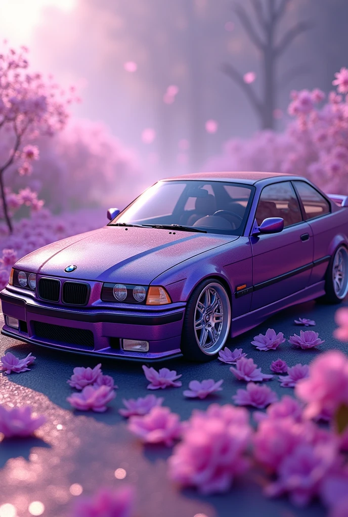 Create an image of a 1998 bmw e36 m3 coupe in purple, with square airfoil, with silver snowflake wheels, covered in purple rose petals