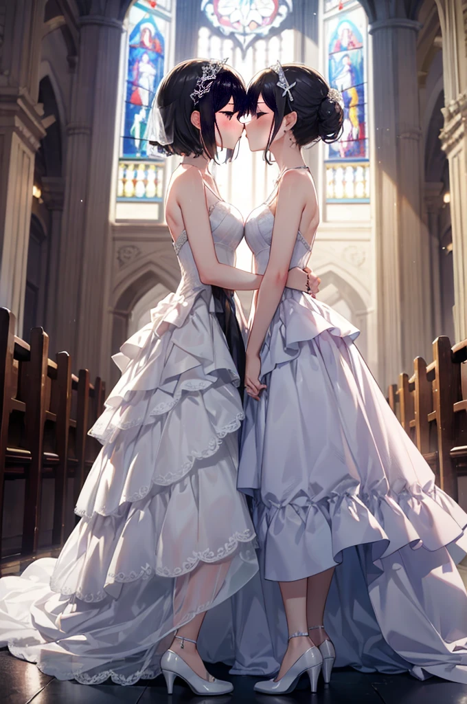 (masterpiece), 4K,{{{2 women}}}, Multilayer dresses,Wedding dress,Lesbian,shoes,headgear, wedding,church,牧師の前で誓いのkiss,kiss,Angle from a distance