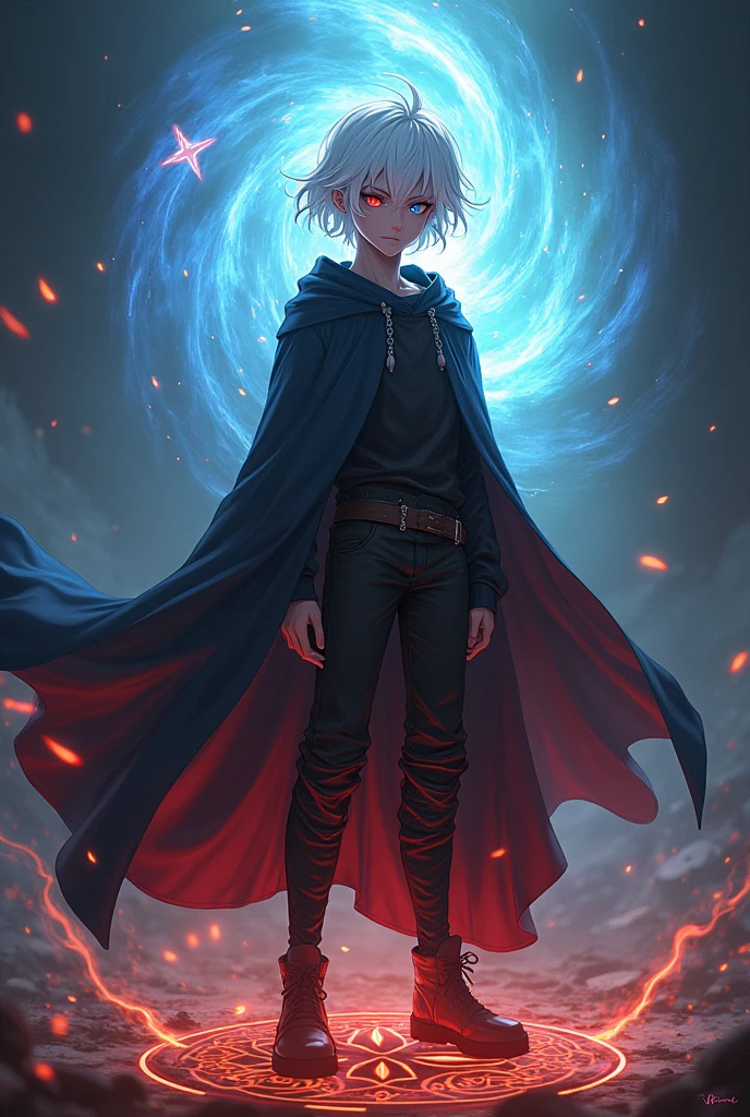A 15 year old white haired wizard, one blue eye, and the other red