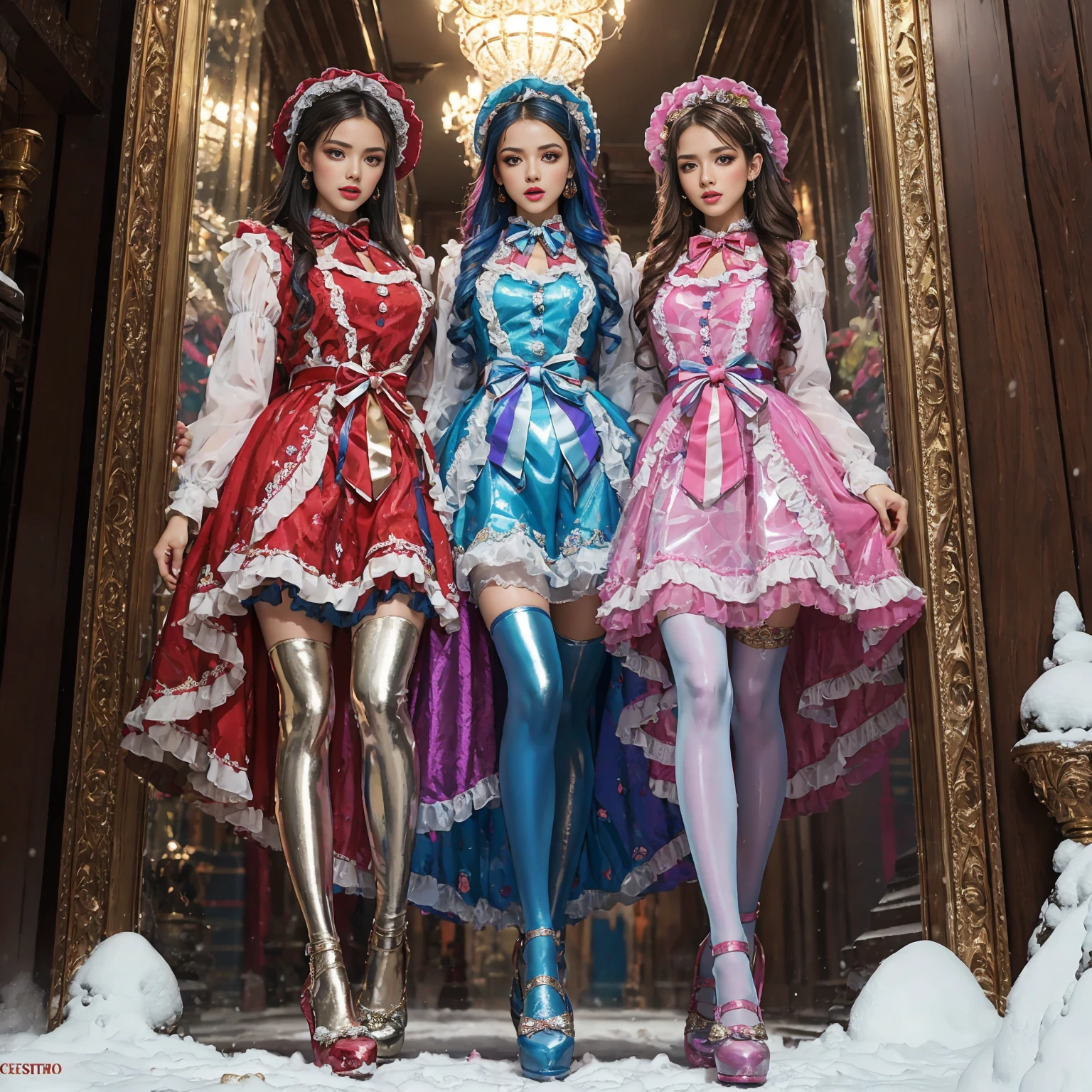 Movie poster composition, (on a snowy mountain), Miserable white skin, Ambilight, Nine-head body, Group photo, ((multicolored))，Three or more girls，Model figure, long-legged woman, A woman in a luxurious and elaborate ****ta dress, wearing ****ta mary jane shoes with ornate details, patterned tights, (Glossy Reflecting collection), (Glossy Reflecting collection), (Oily shiny)), (Metallic clothes), (Metallic dress), (Metallic tights):1.2)，, Postures vary, with reflective skin and reflective clothing, venusbody,Large movement amplitude, (full body shot), ray tracing, reflection light, chiaroscuro, UHD, masterpiece, anatomically correct, textured skin, super detail, high quality, 4K, highres