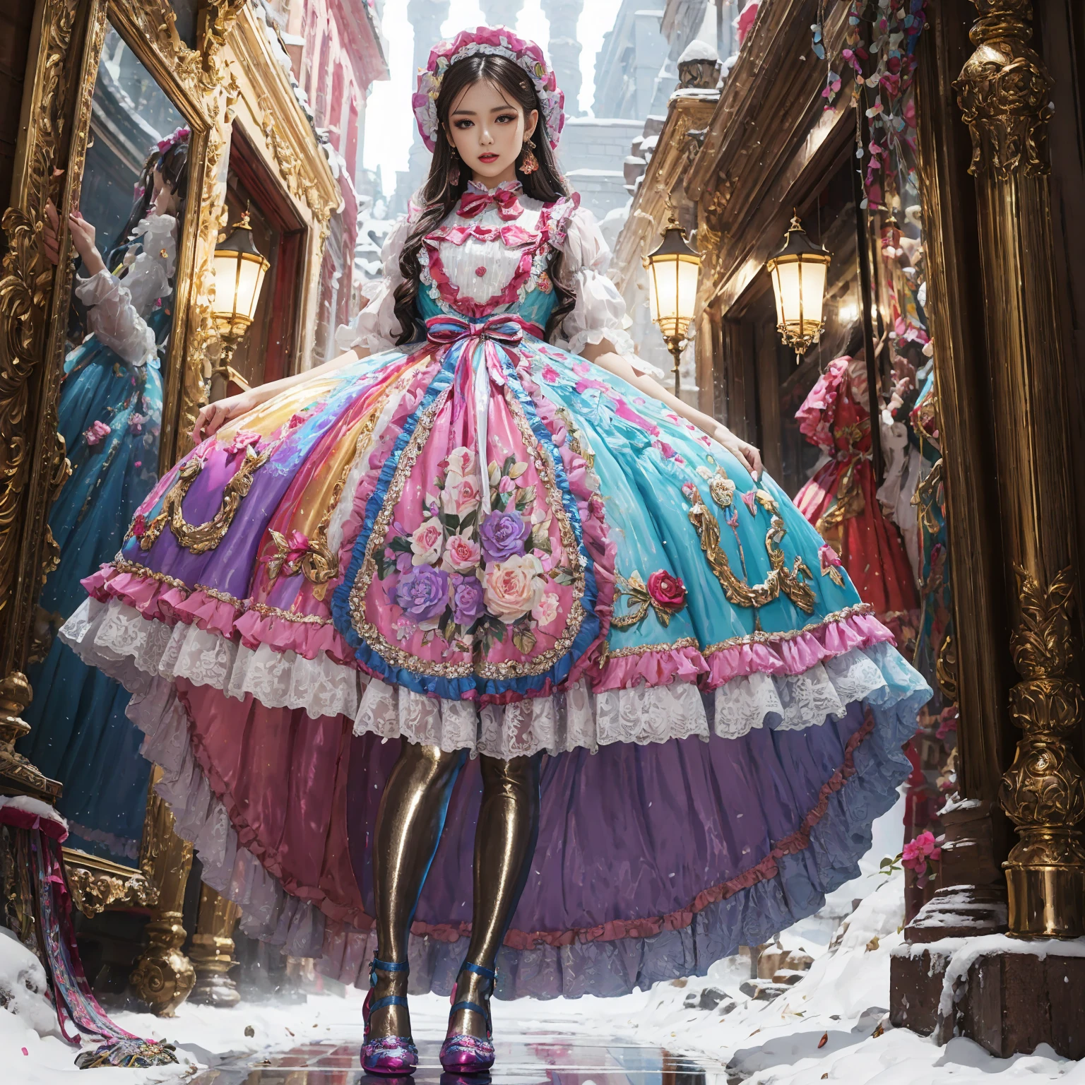 Movie poster composition, (on a snowy mountain), Miserable white skin, Ambilight, Nine-head body, Group photo, ((multicolored))，Three or more girls，Model figure, long-legged woman, A woman in a luxurious and elaborate lolita dress, wearing lolita mary jane shoes with ornate details, patterned tights, (Glossy Reflecting collection), (Glossy Reflecting collection), (Oily shiny)), (Metallic clothes), (Metallic dress), (Metallic tights):1.2)，, Postures vary, with reflective skin and reflective clothing, venusbody,Large movement amplitude, (full body shot), ray tracing, reflection light, chiaroscuro, UHD, masterpiece, anatomically correct, textured skin, super detail, high quality, 4K, highres